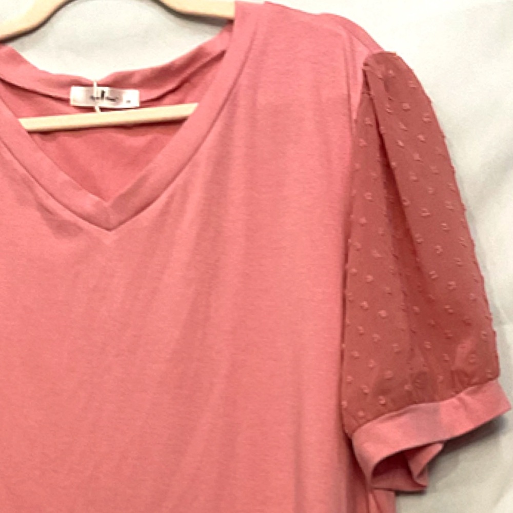 Pink V-Neck Top with Sheer Sleeves NWT 26”P2P 29”length - Picture 3 of 3